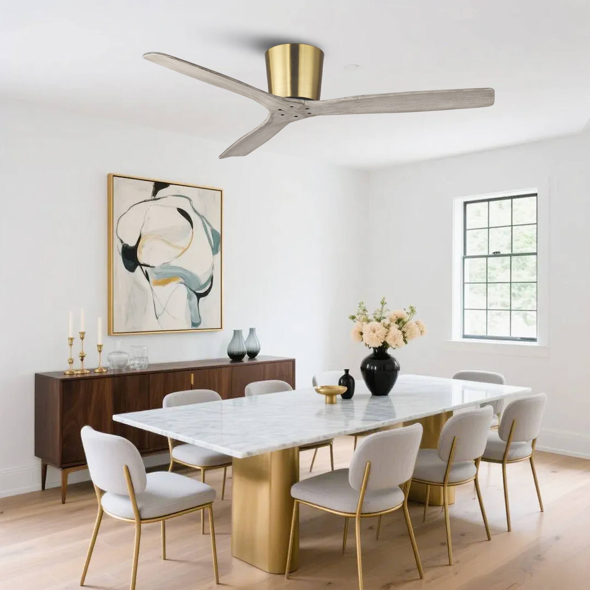 Back. Parrot Uncle - 54" Modern Solid Wood Blades Low Profile Ceiling Fan without Light - Gold.