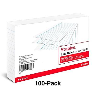 Distributed by Staples Drive 500 MR in N Sitade 800-425-2049  
2002 Support Product 7 42160 7 18103 NAT Staples  
Index Cards Line Ruled 15.2 cm Heavyweight 10.1 cm x 10.1 cm x 6 4 ST50985 100 Cards 100-Pack  

Staples  
Line Ruled Index Cards  
Heavyweight 10.1 cm x 15.2 cm  
4 x 6 in  
ST50985