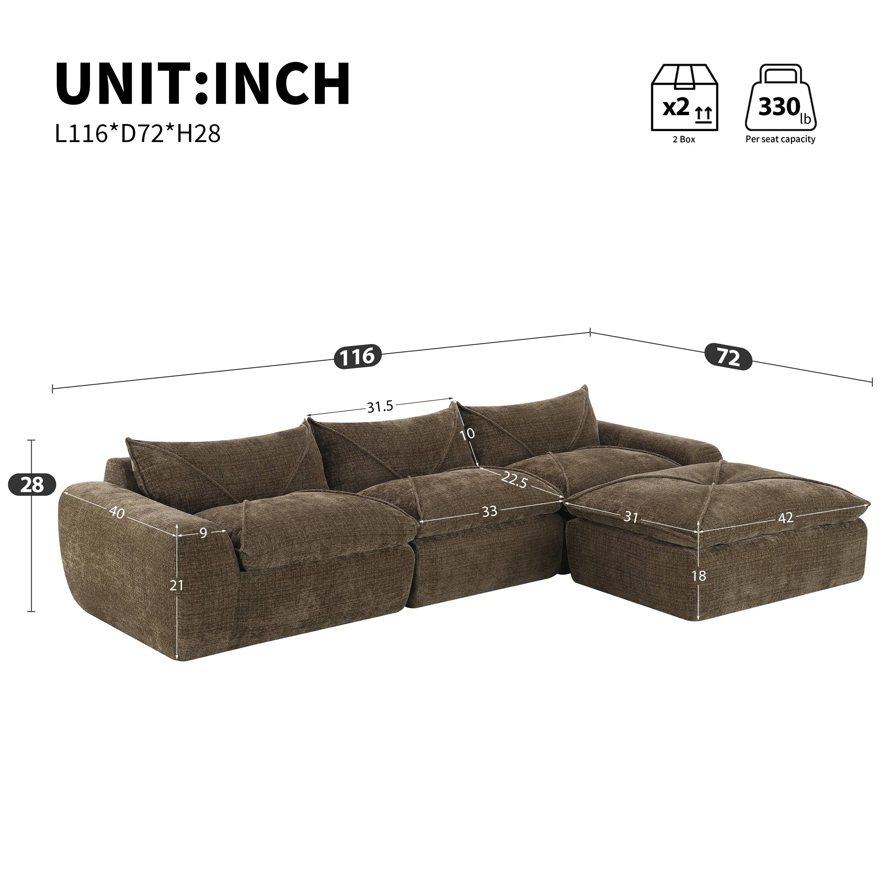 UNIT: INCH  
L116*D72*H28  

2 Box  
330 lb Per seat capacity  

116  
72  
31.5  
10  
28  
40  
9  
22.5  
33  
31  
42  
21  
18