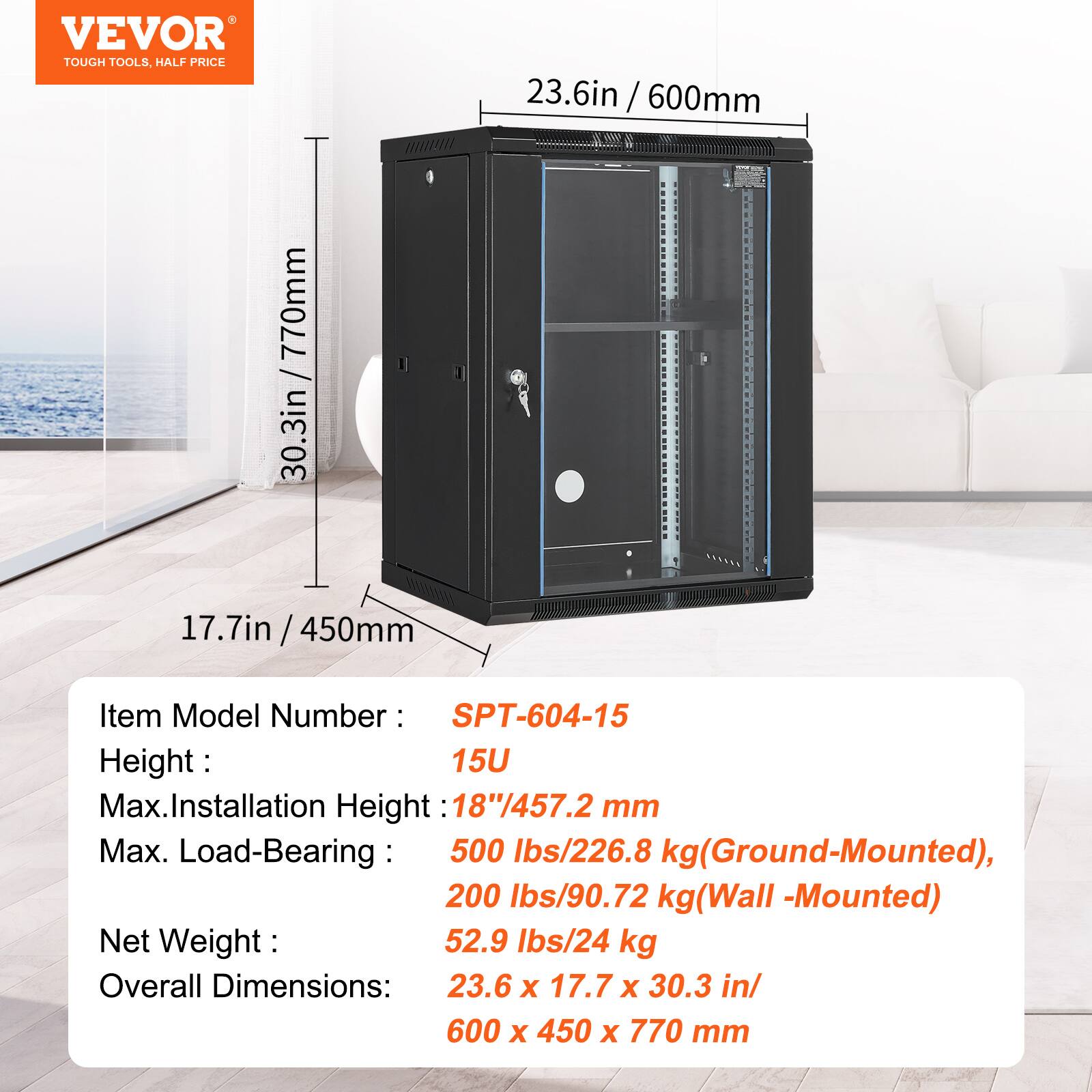 VEVOR 15U Wall Mount Network Cabinet, 500 lbs Max. Ground Load