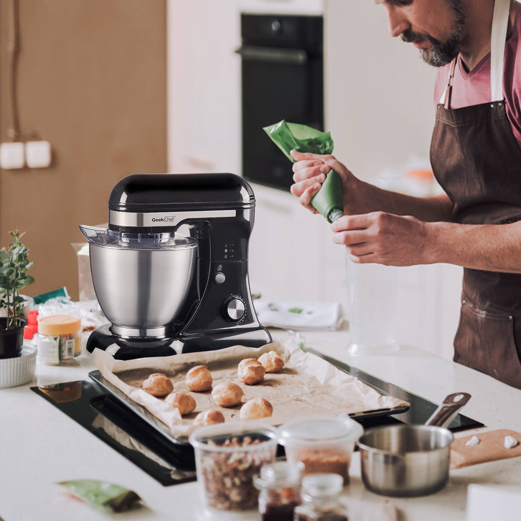 Alt View 4. Boyel Living - Geek Chef Electric Stand Mixer, 4.8QT 12 Speeds Tilt-head Food Mixer with Dough Hook, Rotary Knob for Home Kitchen Use, - Black.
