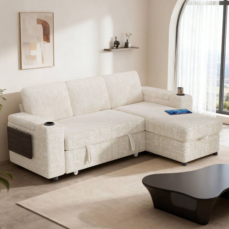 Angle. Dyonery - 85" Modular 3 Seat L Shaped Couch with comfortable Backrest|USB Ports|Cup Holders|Side Table|Storage Chaise Armrests - Beige.