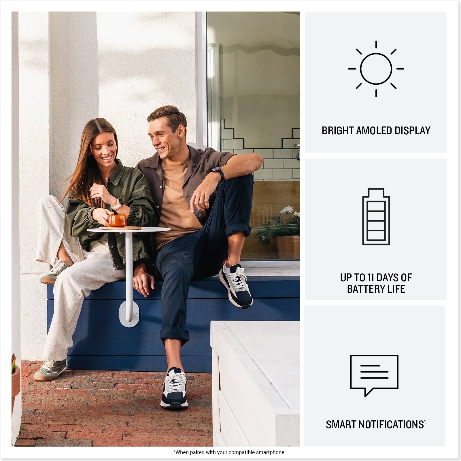 "When paired with your compatible smartphone, enjoy a bright AMOLED display and up to 11 days of battery life. Additionally, benefit from smart notifications for a more efficient and connected experience."