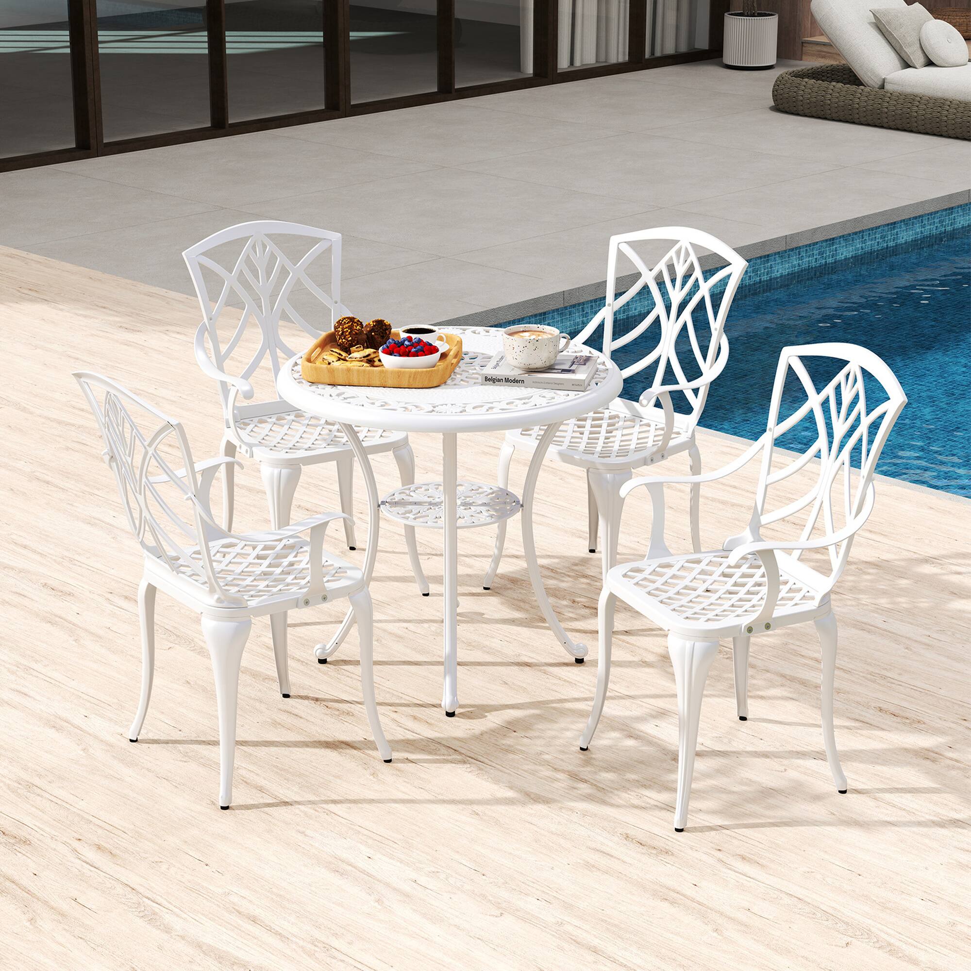 Alt View 1. Costway - Costway 5 PCS Patio Cast Aluminum Bistro Set Dining Table & Chair with Umbrella Hole - White.