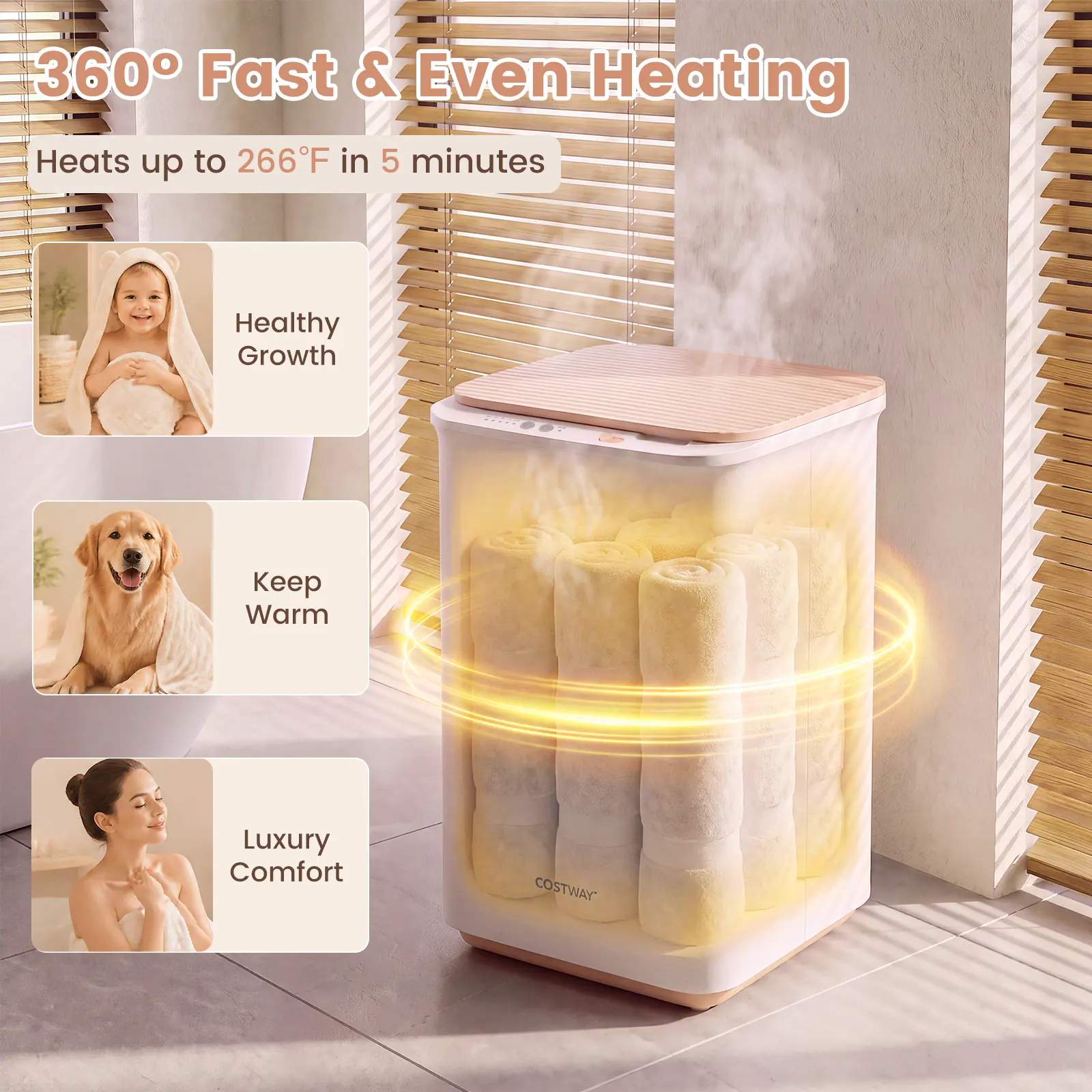 360° Fast & Even Heating  
Heats up to 266°F in 5 minutes  

Healthy Growth  
Keep Warm  
Luxury Comfort  

COSTWAY