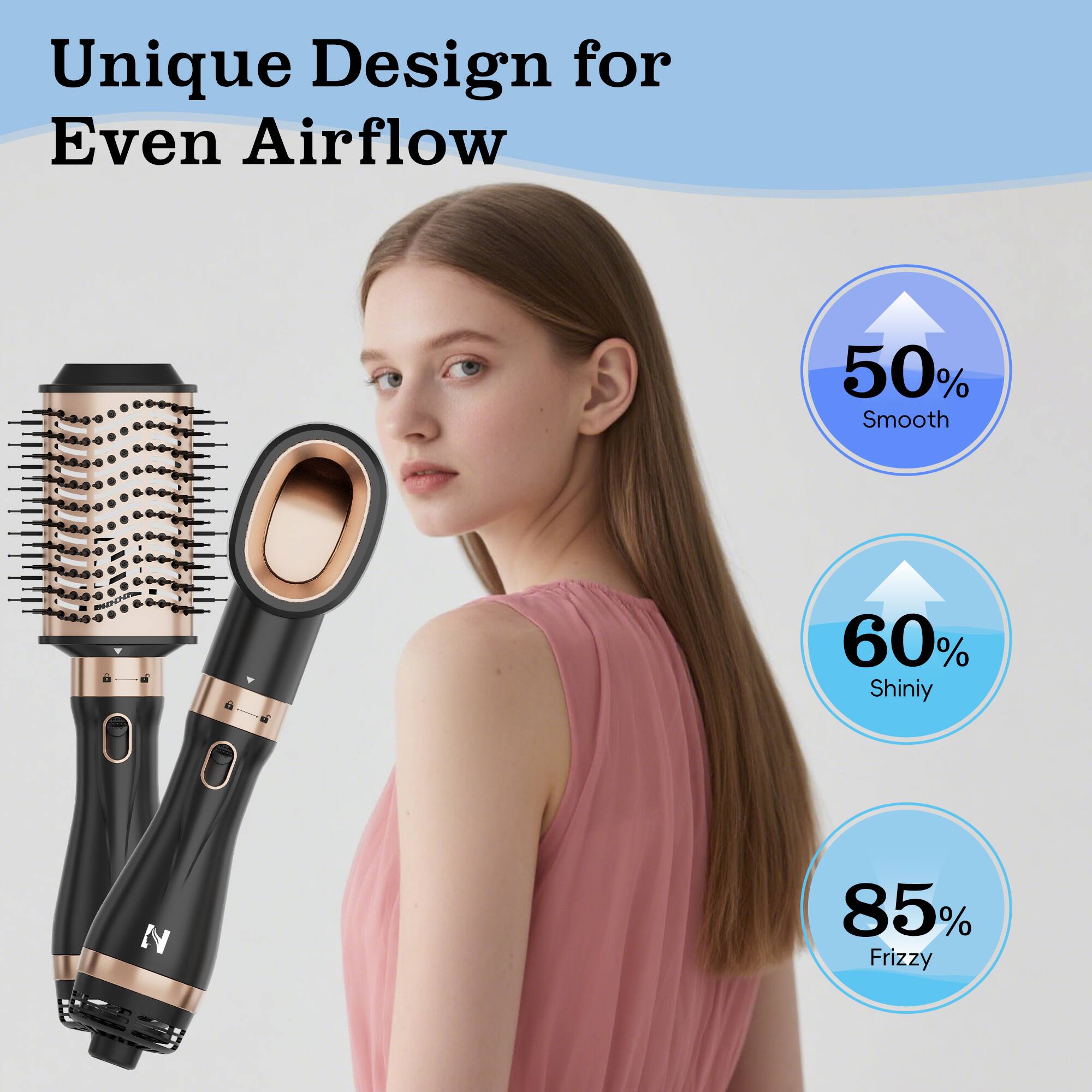 Unique Design for Even Airflow
50% Smooth
60% Shiny
85% Frizzy