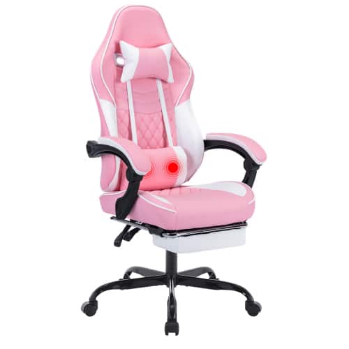 Loheer - Ergonomic Gaming Chair Faux Leather with Footrest & Massage Lumbar Support - Height Adjustable Computer Chair - Pink