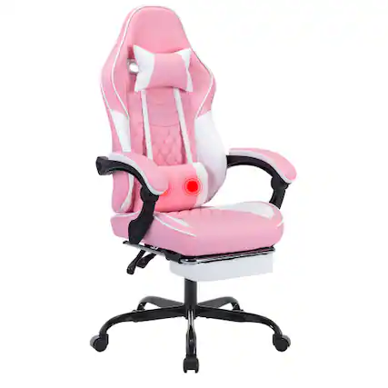 Front. Loheer - Ergonomic Gaming Chair Faux Leather with Footrest & Massage Lumbar Support - Height Adjustable Computer Chair - Pink.