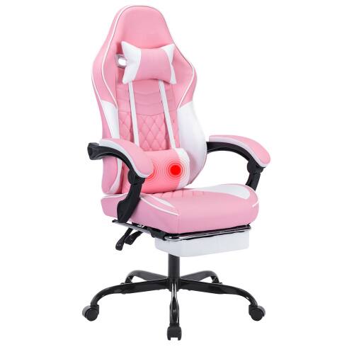 Front. Loheer - Ergonomic Gaming Chair Faux Leather with Footrest & Massage Lumbar Support - Height Adjustable Computer Chair - Pink.