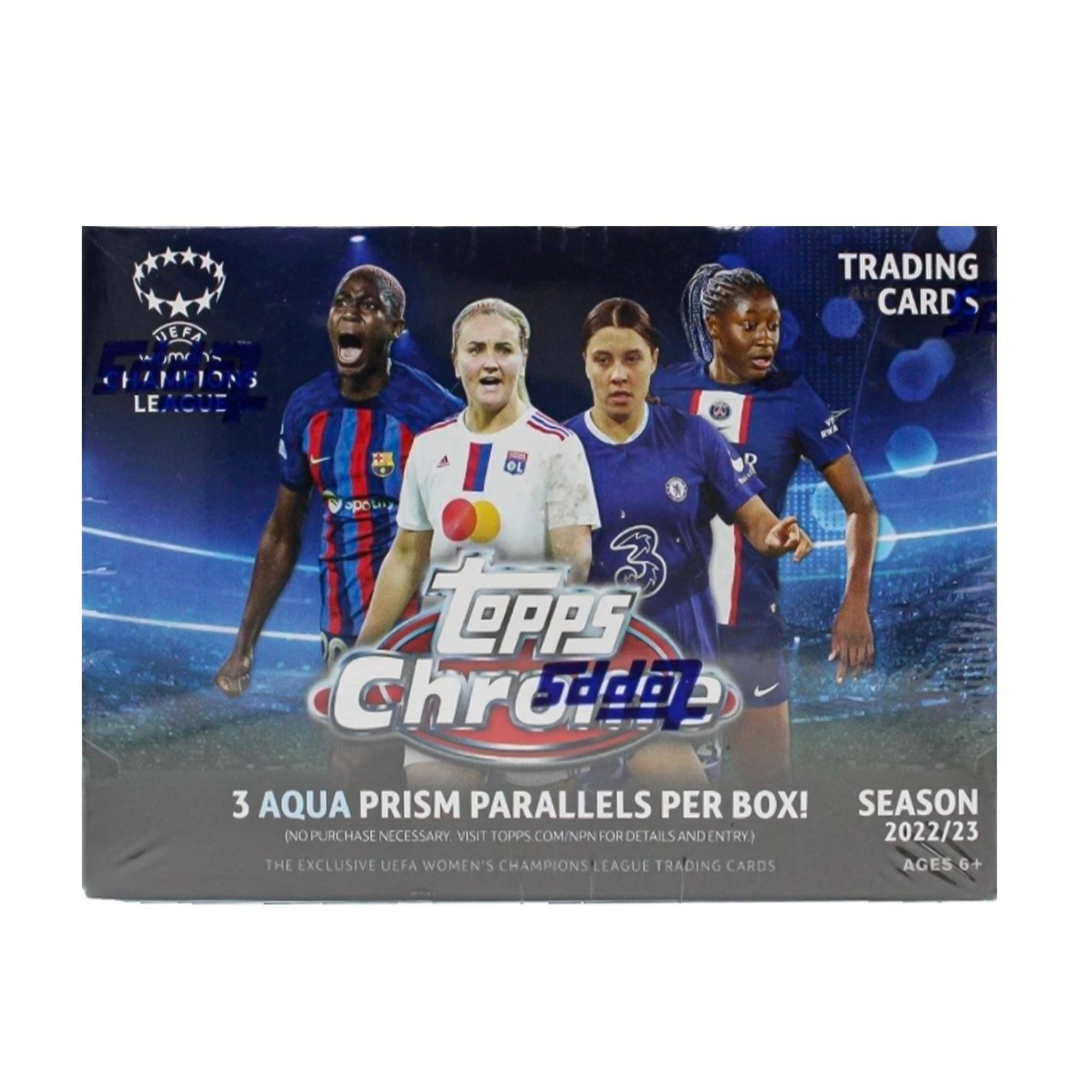 HIEF TRADING CARD, CHAMPIONS LEAGUE a OL apo 3 LePps Chrodd 3 AQUA PRISM PARALLELS PER BOX! SEASON NO PURCHASE NECESSARY. VISIT TOPPS.COM/NPN FOR DETAILS AND ENTRY) 2022/23 THE EXCLUSIVE UEFA WOMEN'S CHAMPIONS LEAGUE TRADING CARDS AGES 6+