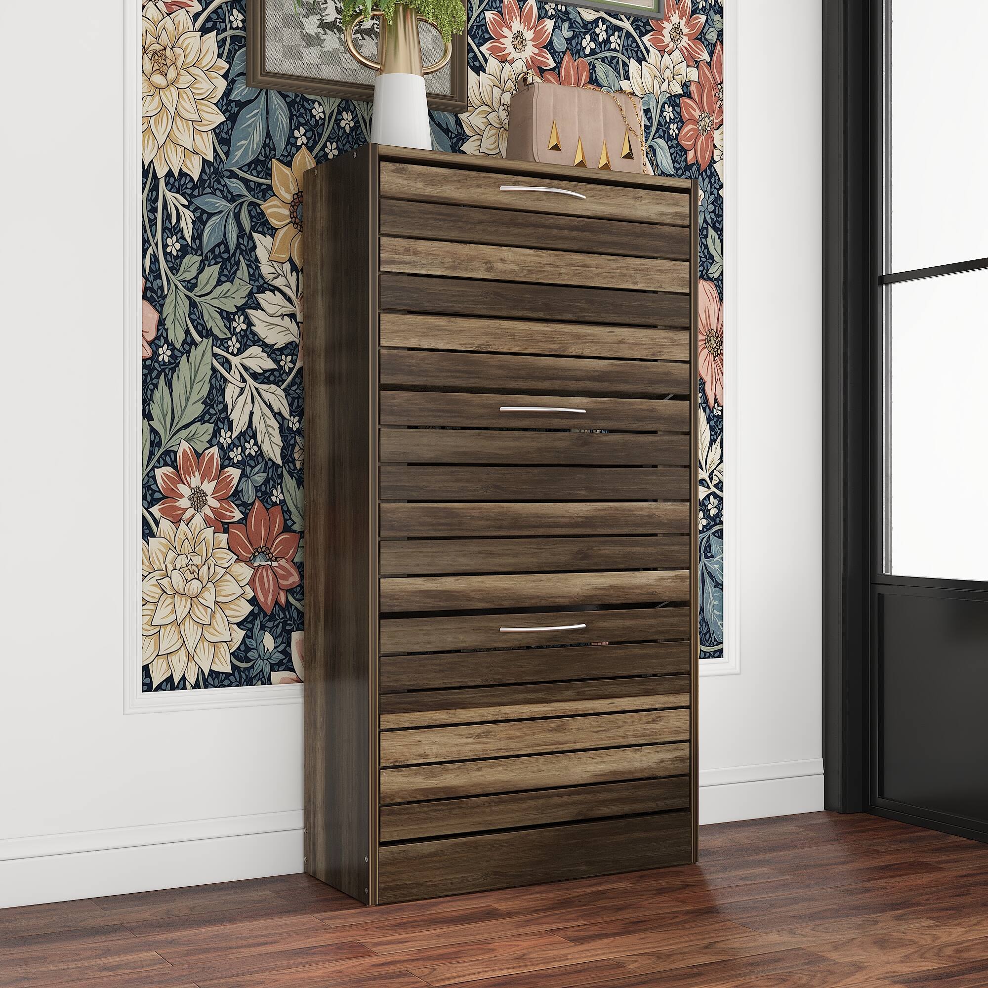 Alt View 5. Famapy - Famapy Farmhouse - Style Rustic Wood Shoe Cabinet – Flip - Down Drawers, Adjustable Shelves for Organized - Brown.