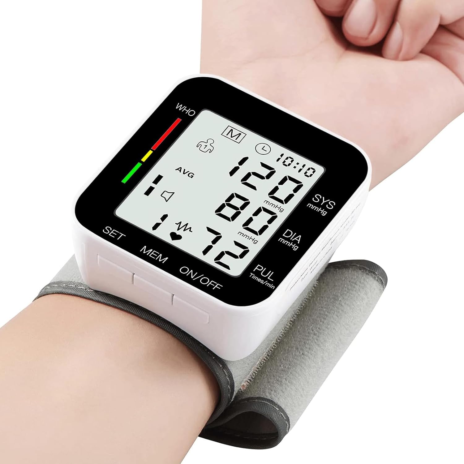 WHO M AVG 120/80 mmHg SYS SET 10:10 mmHg DIA 72 mmHg MEM ON/OFF PUL Times/min