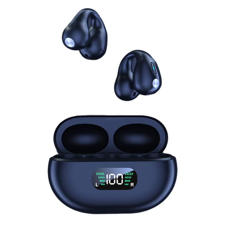 Cluzine - Obsidian Black Open-Ear Clip-On Earbuds Headphones, LED Digital Display, Auto Pairing, Dual Main