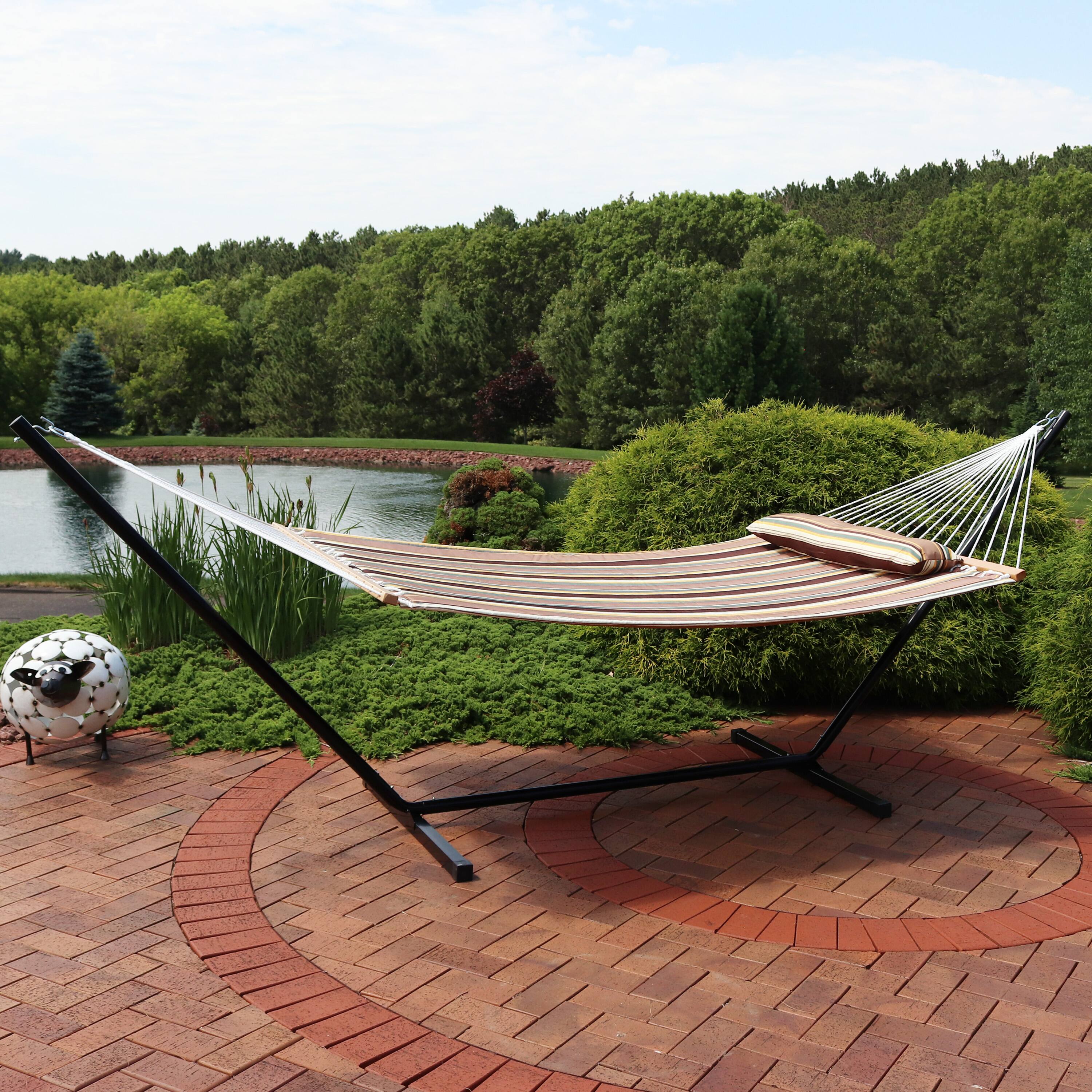 Alt View 3. Sunnydaze - 2-Person Quilted Fabric Hammock with Steel Stand - Sandy Beach.