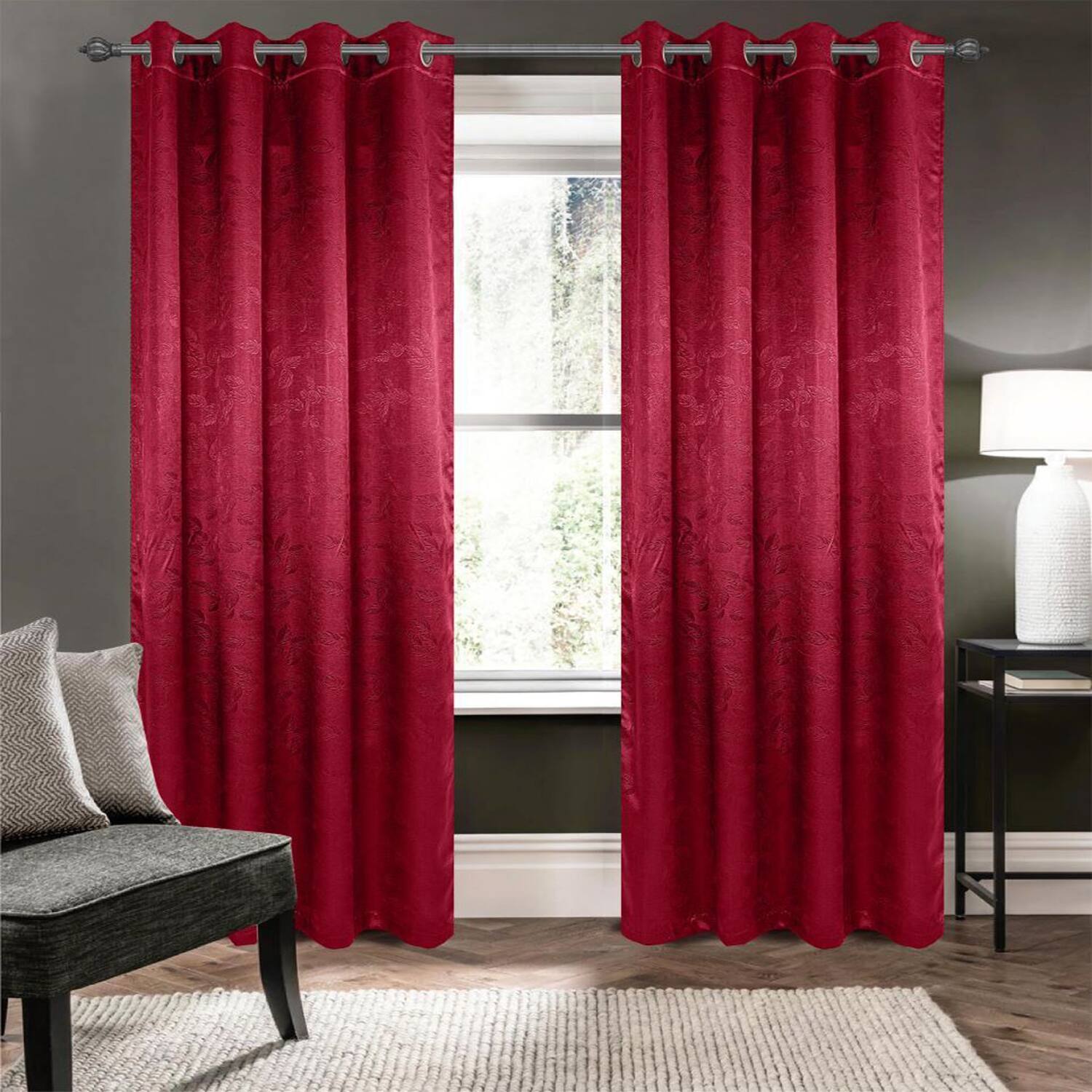 Angle. Olivia Gray - Olivia Gray 100% Polyester 200 GSM Arlo Embossed Blackout Grommet Curtain Panel 54" x 90" Burgendy - Burgundy.