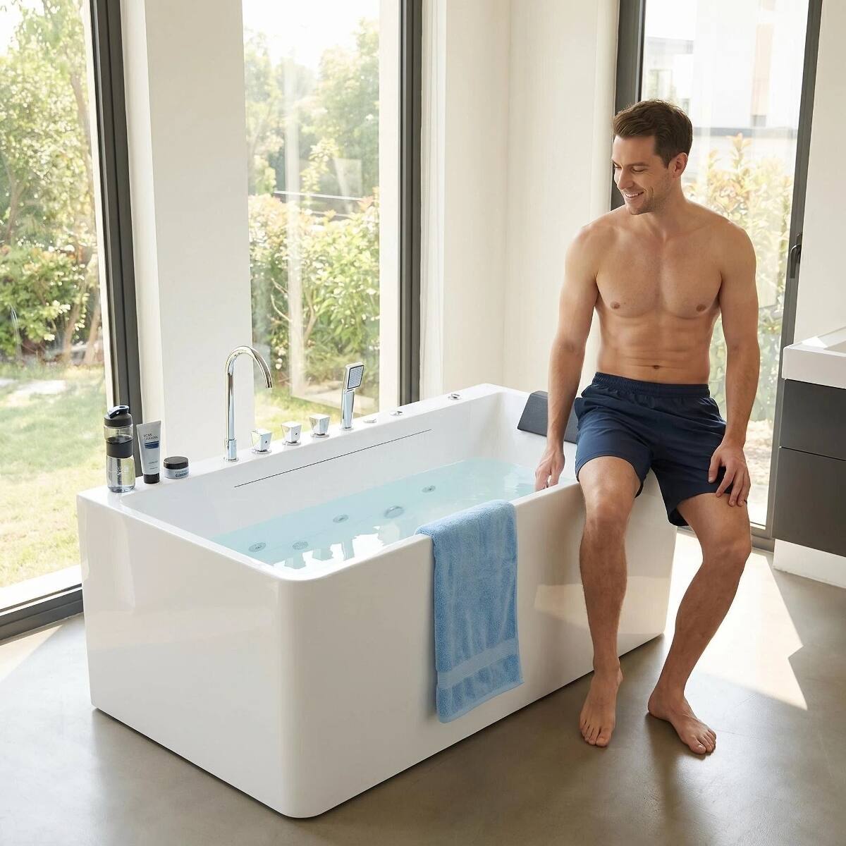 Alt View 7. Loheer - Loheer 67 Inch Freestanding Whirlpool Bathtub Rectangular Acrylic Spa Bathtub with Ambient Light and Center Drain - Milk White.