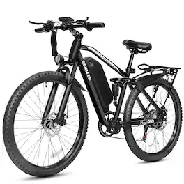 Eskute - 27.5" Electric Mountain Bike, 1500W Peak Motor, 80-Mile Range, Full Suspension, NFC Unlock with Fenders + Rear Rack - Black