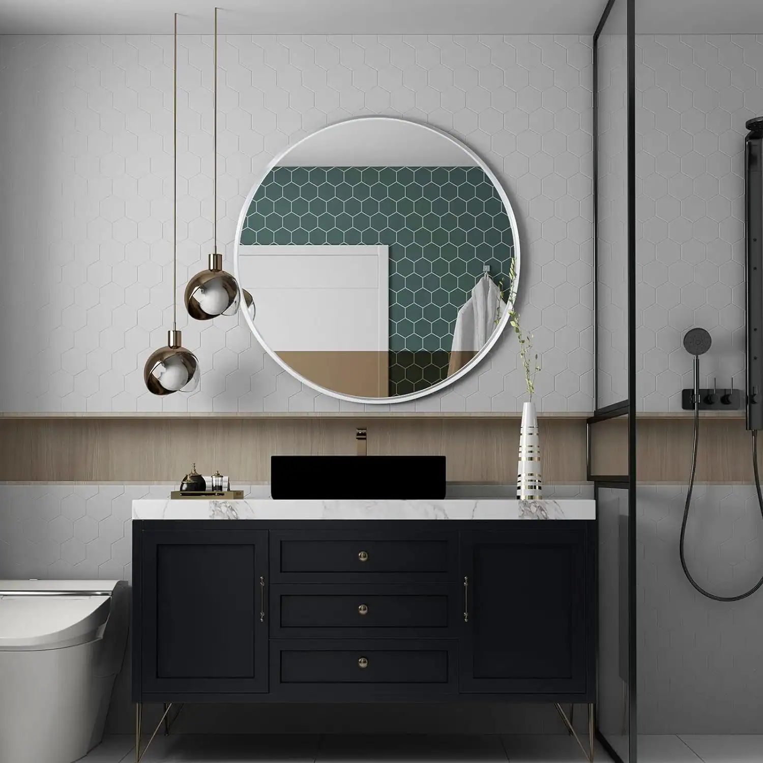 MERAVOM 32 Inch Round Mirror, Aluminum Alloy Frame Wall Mirror with ...