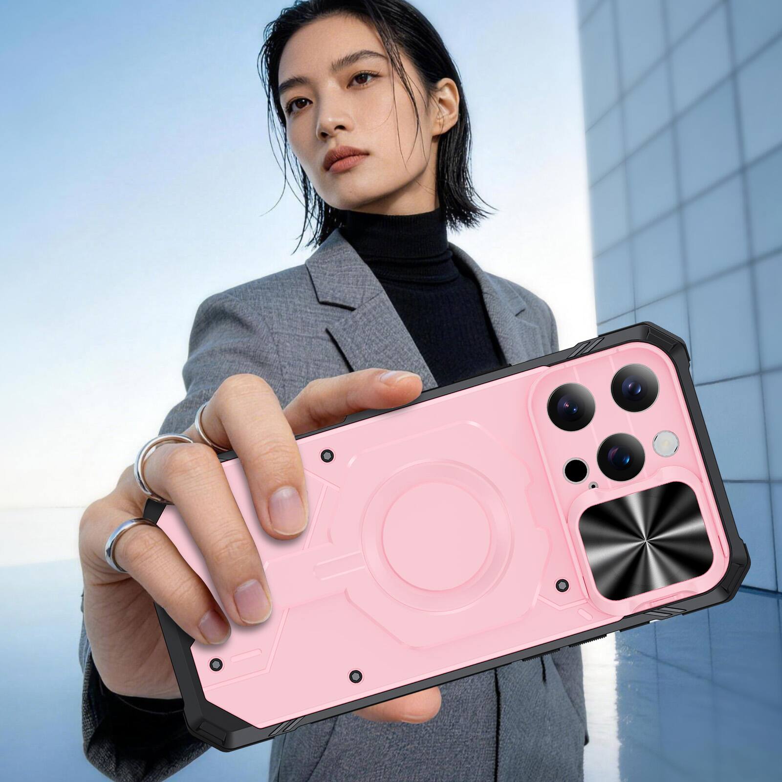 Left. Dteck - Shockproof Magnetic Hybrid Protective Case for Apple iPhone 16 Pro Max with Slide Camera Cover, Side Anti-Slip Texture - Pink.