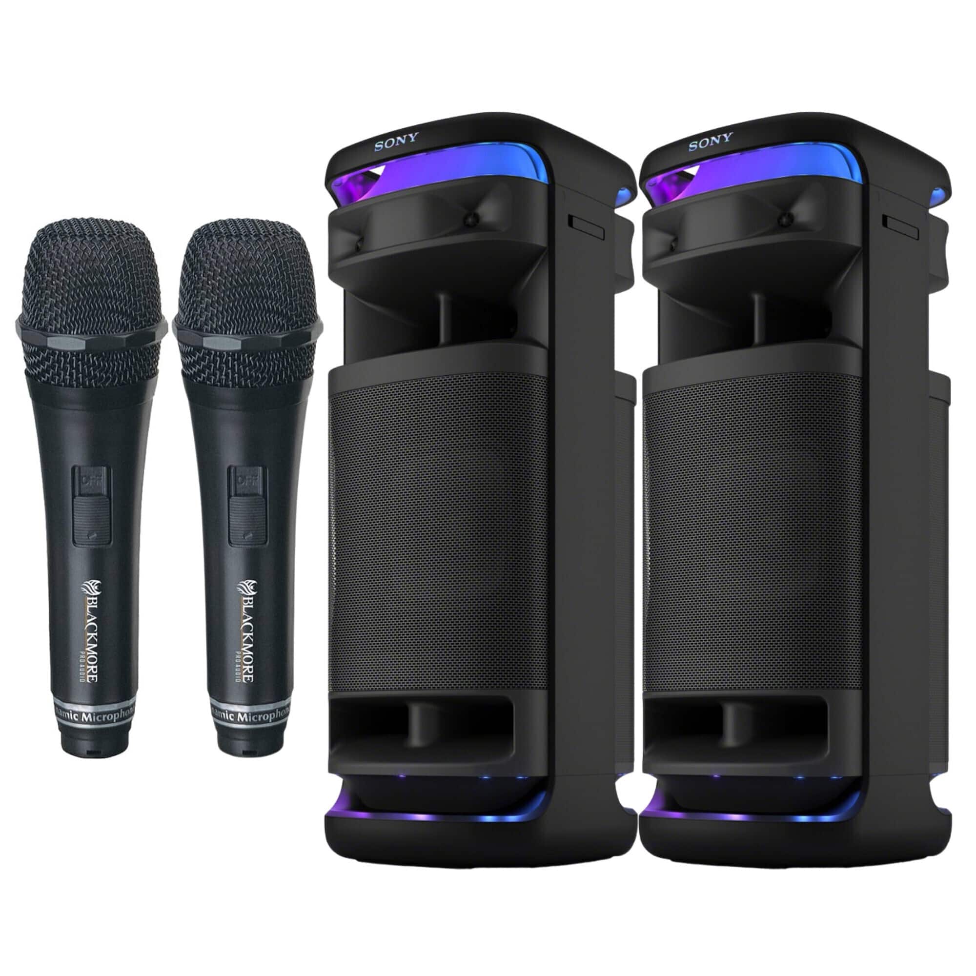 Sony microphones are black and have a purple light on them. They are placed next to a black speaker.