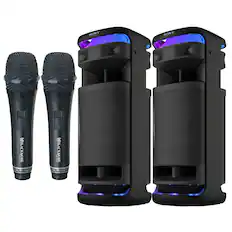 Sony microphones are black and have a purple light on them. They are placed next to a black speaker.