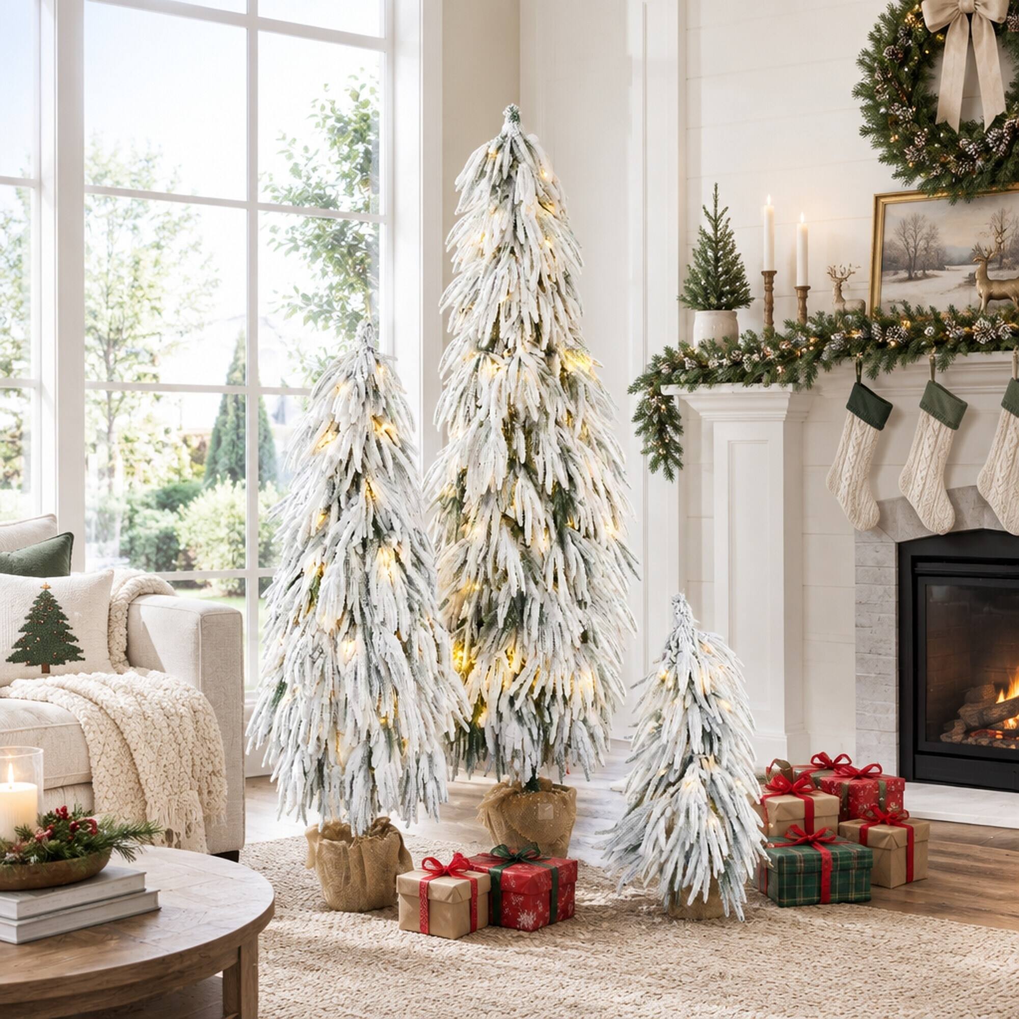 Back. RYHNUYNE - 3-Piece Pre-Lit Flocked Christmas Tree Set With 3FT 4.5FT 6FT Trees and 235 Warm White Multi-Color LED Lights - Green,White.