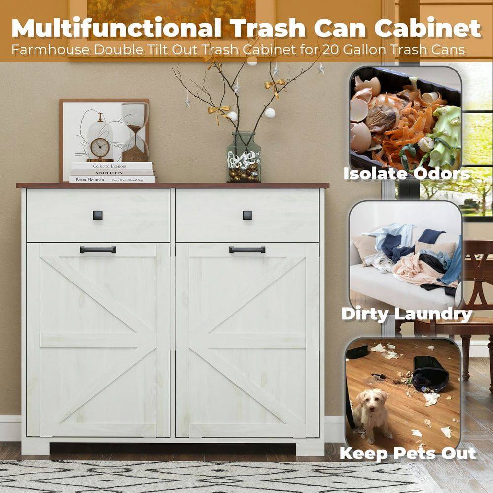 Multifunctional Trash Can Cabinet  
Farmhouse Double Tilt Out Trash Cabinet for 20 Gallon Trash Cans  

- Isolate Odors  
- Dirty Laundry  
- Keep Pets Out