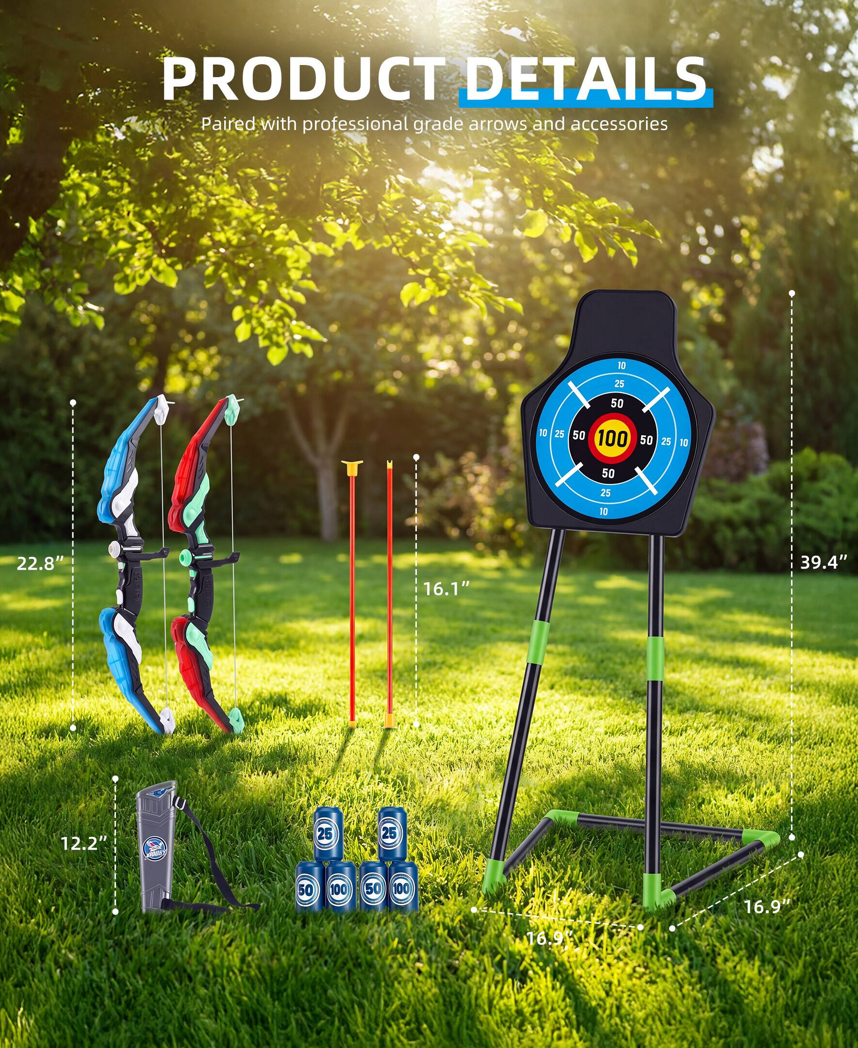PRODUCT DETAILS  
Paired with professional grade arrows and accessories  

- 22.8"  
- 16.1"  
- 39.4"  
- 12.2"  
- 16.9"