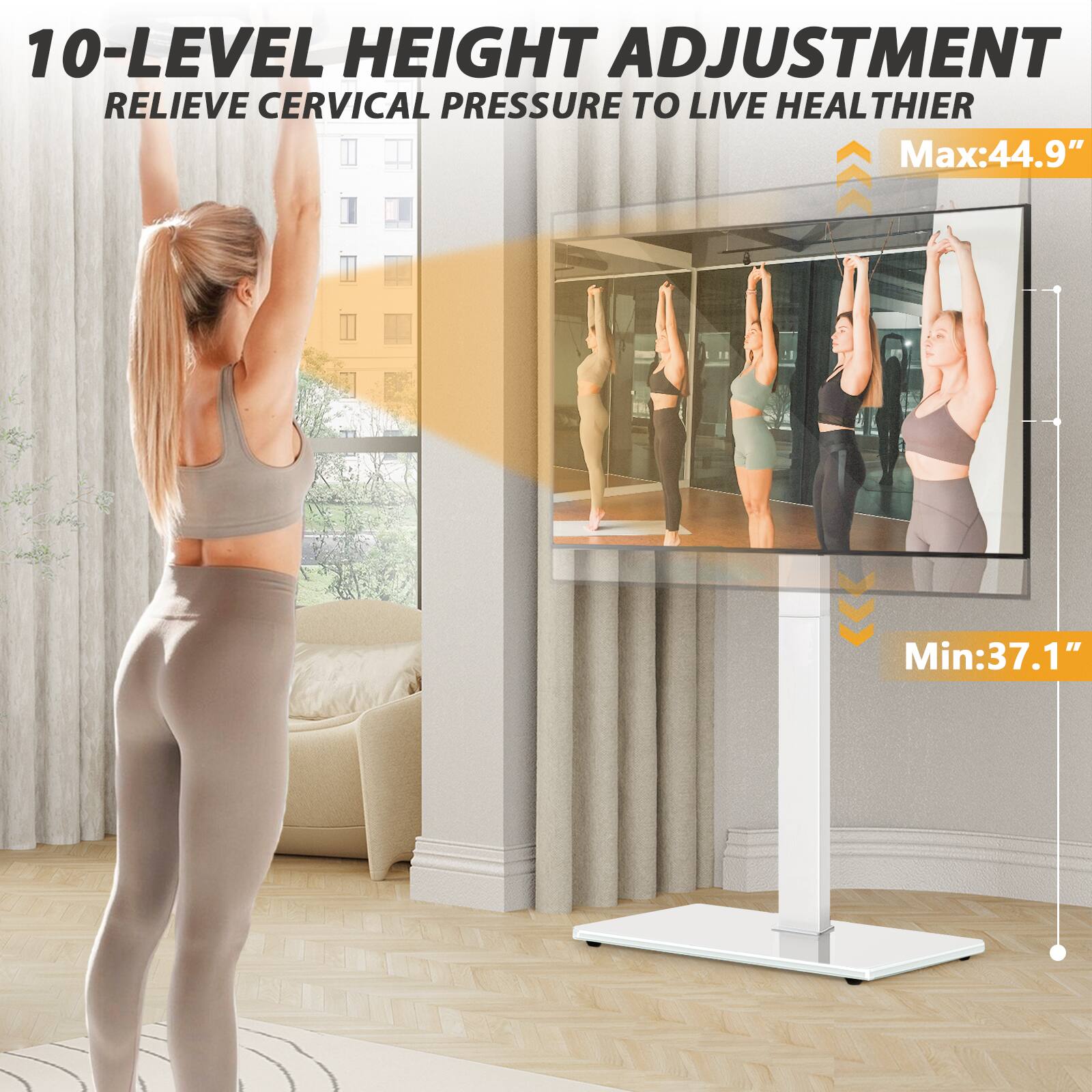 10-LEVEL HEIGHT ADJUSTMENT RELIEVE CERVICAL PRESSURE TO LIVE HEALTHIER  
Max: 44.9"  
Min: 37.1"