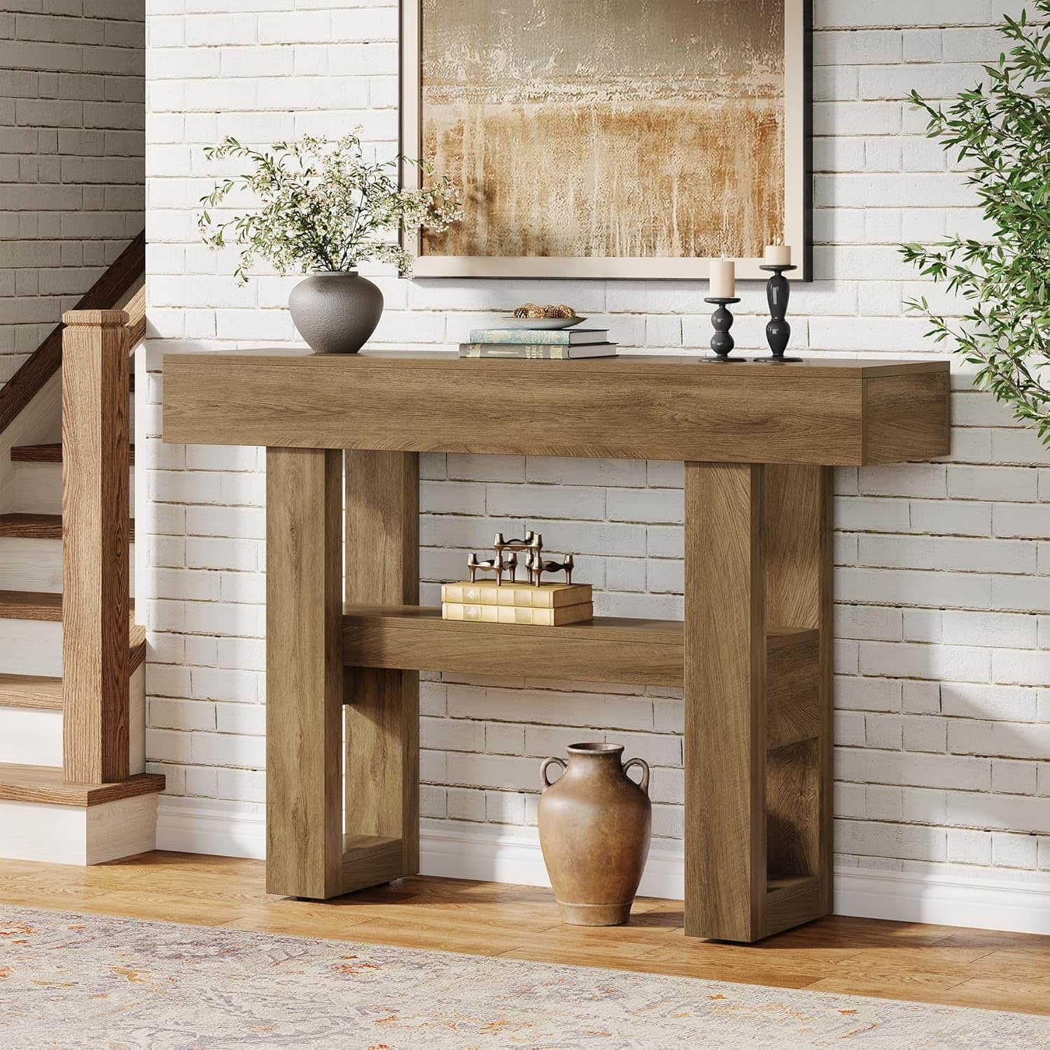 Tribesigns - Console Table with Storage Shelves, Adjustable Feet and Space-Saving Design for Entryway and Hallway - Light Brown