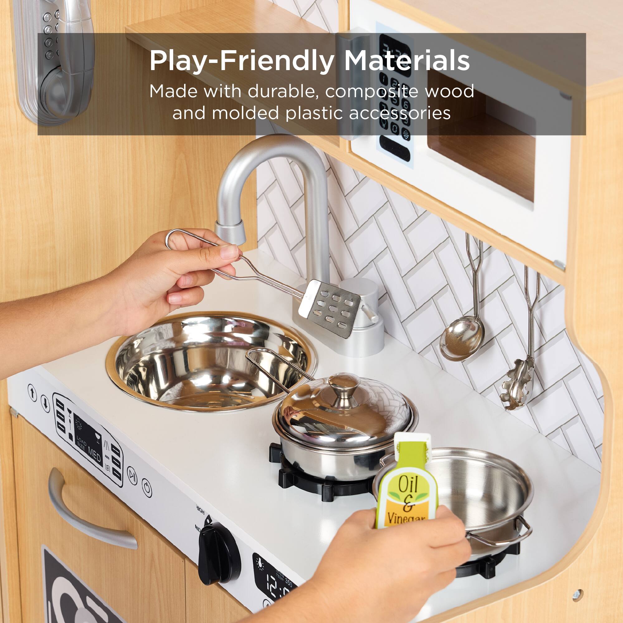 Play-Friendly Materials  
Made with durable, composite wood and molded plastic accessories