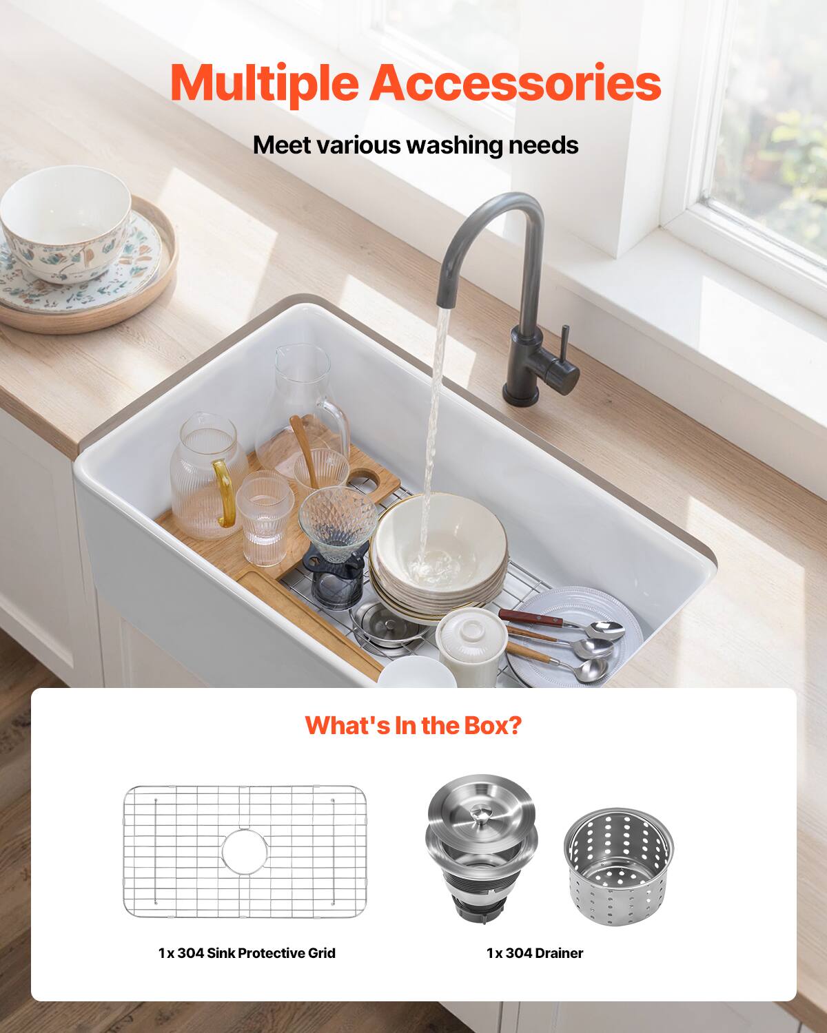 Multiple Accessories  
Meet various washing needs  

What's In the Box?  
1x 304 Sink Protective Grid  
1x 304 Drainer