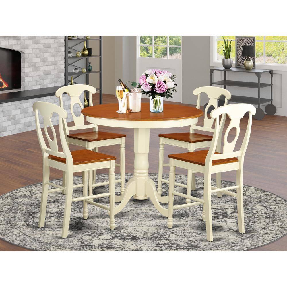 Back. East West Furniture - 5 PC counter height pub set - Table and 4 counter height stool. - Buttermilk & Cherry.
