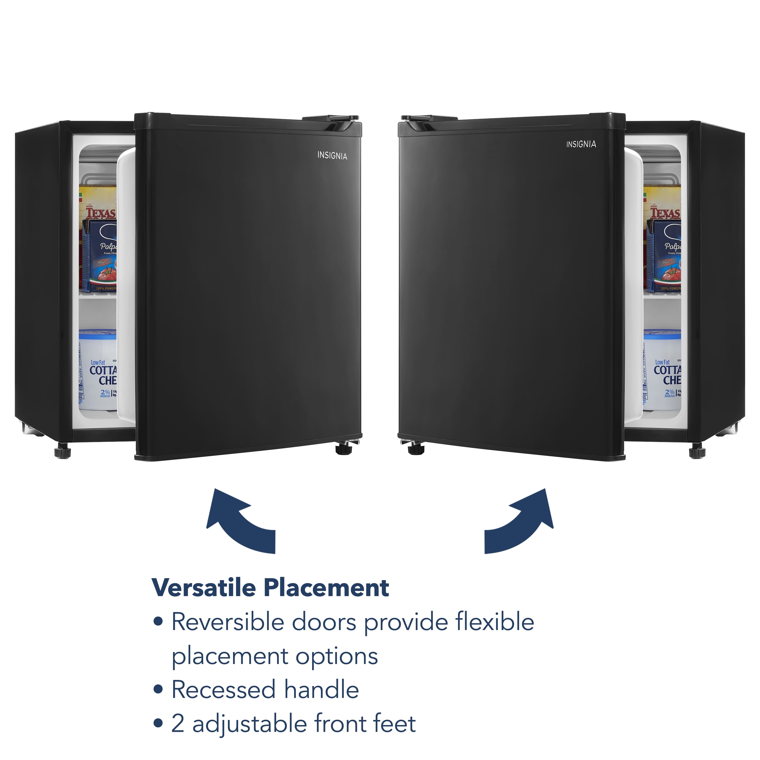Versatile Placement: Reversible doors provide flexible placement options. Recessed handle. 2 adjustable front feet.