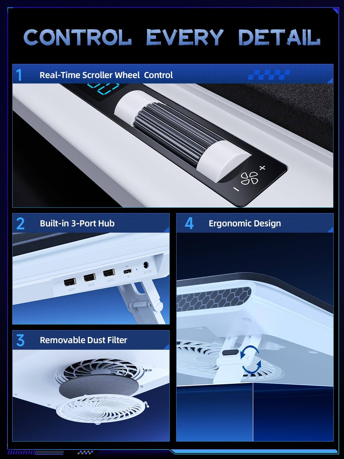 CONTROL EVERY DETAIL

1. Real-Time Scroller Wheel Control
2. Built-in 3-Port Hub
3. Removable Dust Filter
4. Ergonomic Design