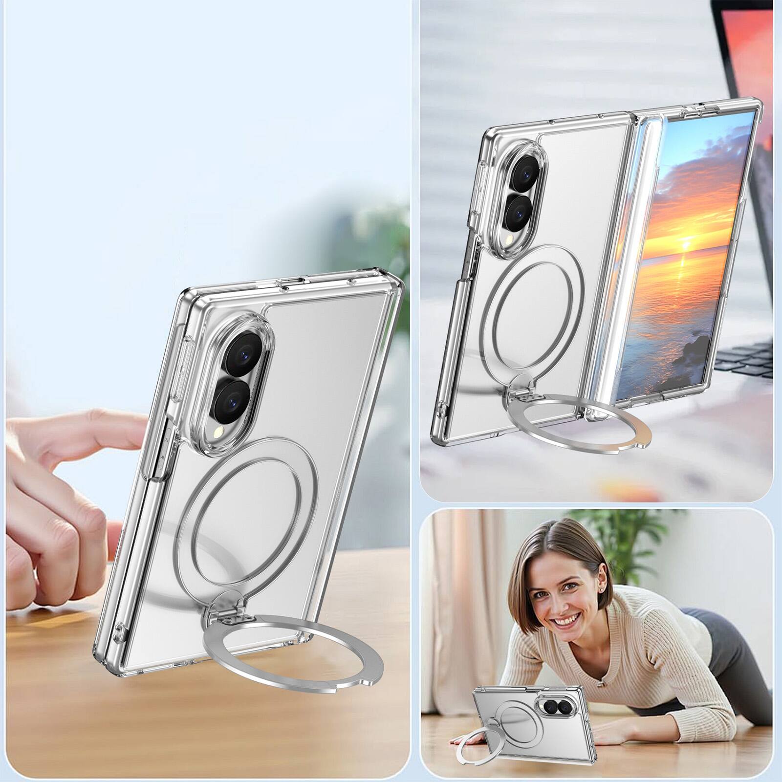Alt View 3. Dteck - For Samsung Galaxy Z Fold8 Magnetic Case Built-in Screen Protector,Shockproof Ring Stand Clear Back Hinge Protect Cover - Clear.