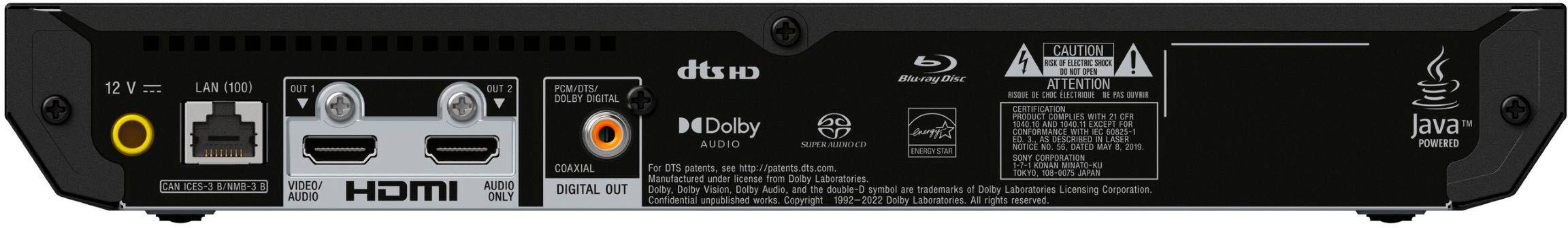 The image features a black electronic device with various ports and connectors, including a HDMI port. The device is made by Sony and is designed for use with a home theater system. It is important to note that the device is not to be used with a laser audio system. The image also contains a warning about using the device with a Dolby system. Additionally, the device is manufactured under license from Dolby Laboratories.