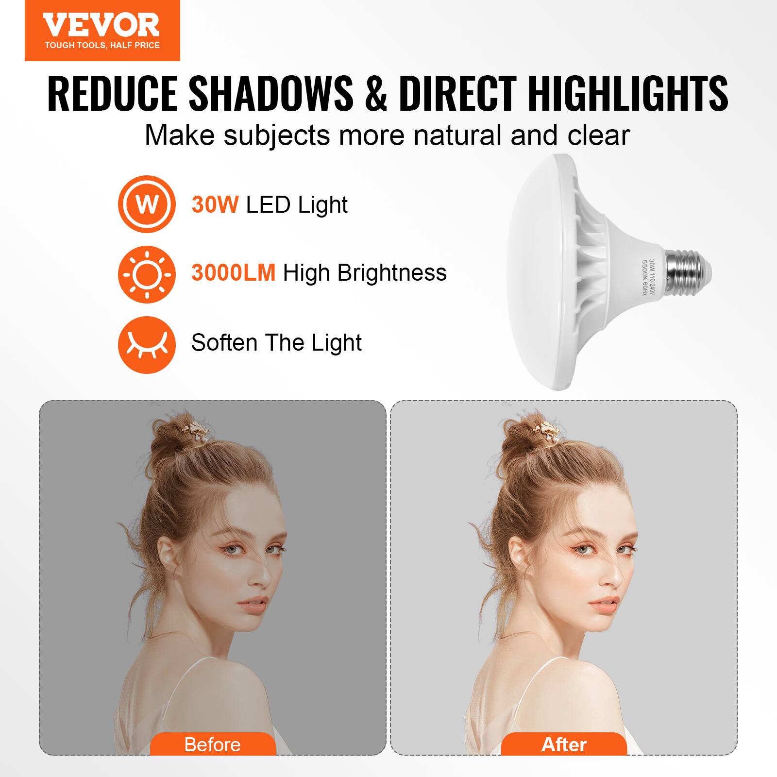 VEVOR  
TOUGH TOOLS, HALF PRICE  

REDUCE SHADOWS & DIRECT HIGHLIGHTS  
Make subjects more natural and clear  

- 30W LED Light  
- 3000LM High Brightness  
- Soften The Light  

Before  
After