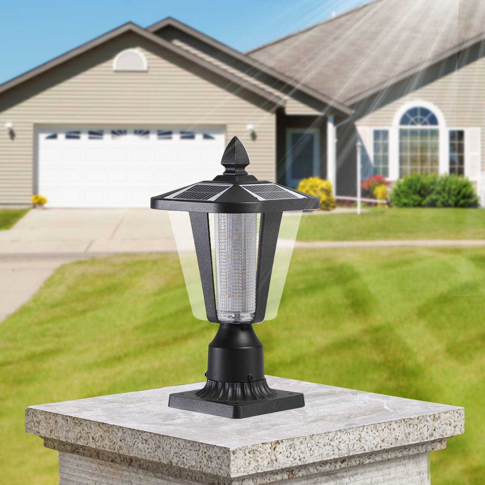 Front. APRILSOUL - 15 inch H Solar Powered Outdoor Lantern Modern Garden Light with LED for Pathways Yards and Driveways (1-Pack) - Black.