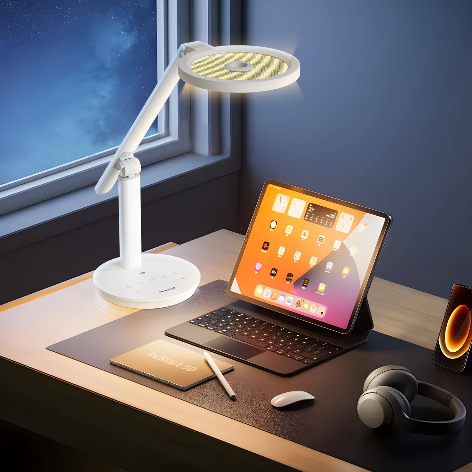 Angle. Honeywell - H6 Desk Lamp  800LM Dimmable Eye-Caring Led Desk Light Touch Control Tall Desk Reading Light with Timer - White.