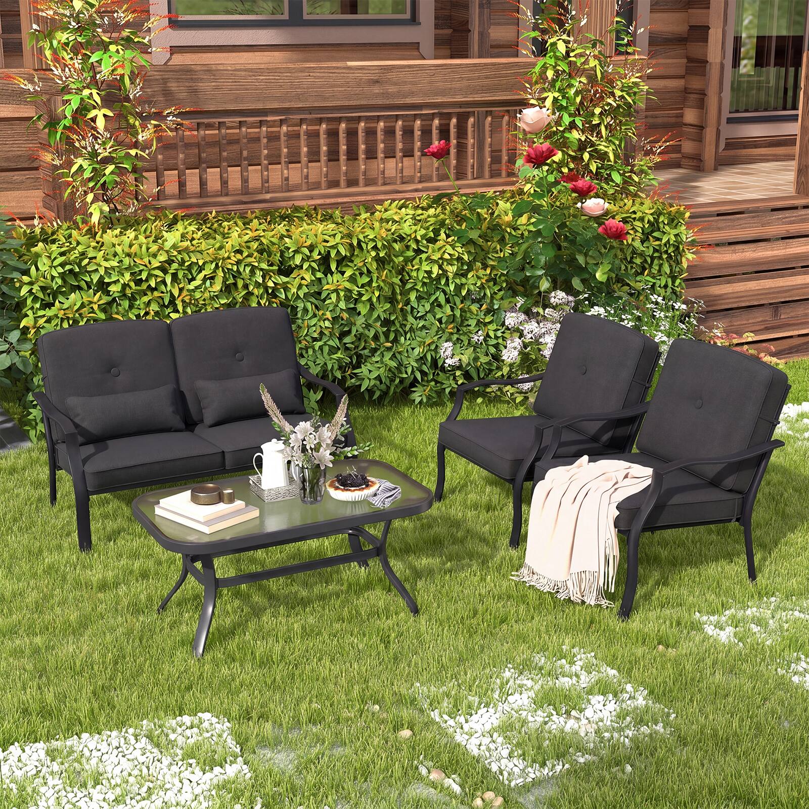 Alt View 6. Costway - Costway 2 PCS Patio Metal Chairs Outdoor Dining Seat Heavy Duty with Cushions Garden - Black.