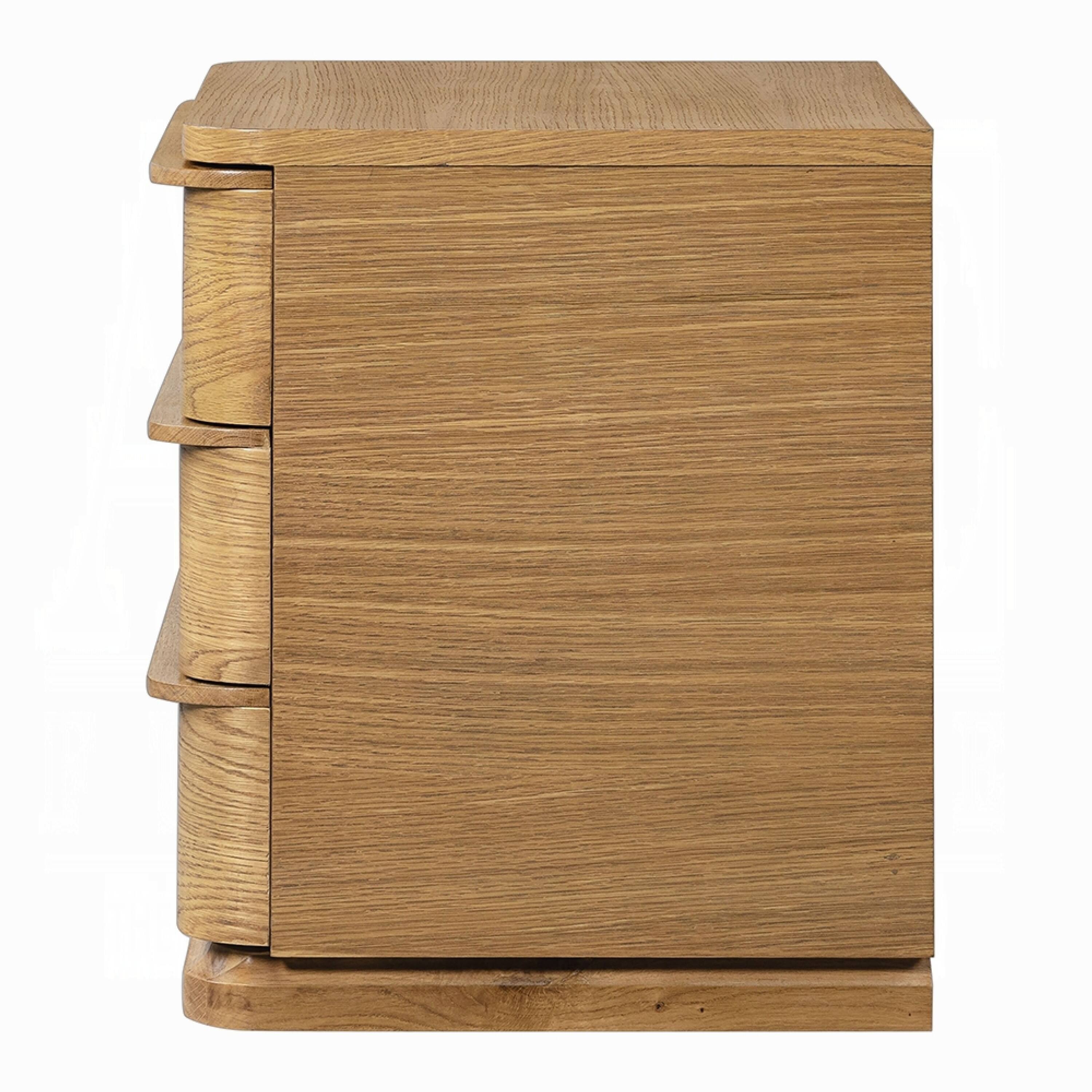 Left. Manhattan Lane - Sery 3 Drawer Nightstand, Minimalist Lip Handles, Wood 26 Inch - Oak Brown.