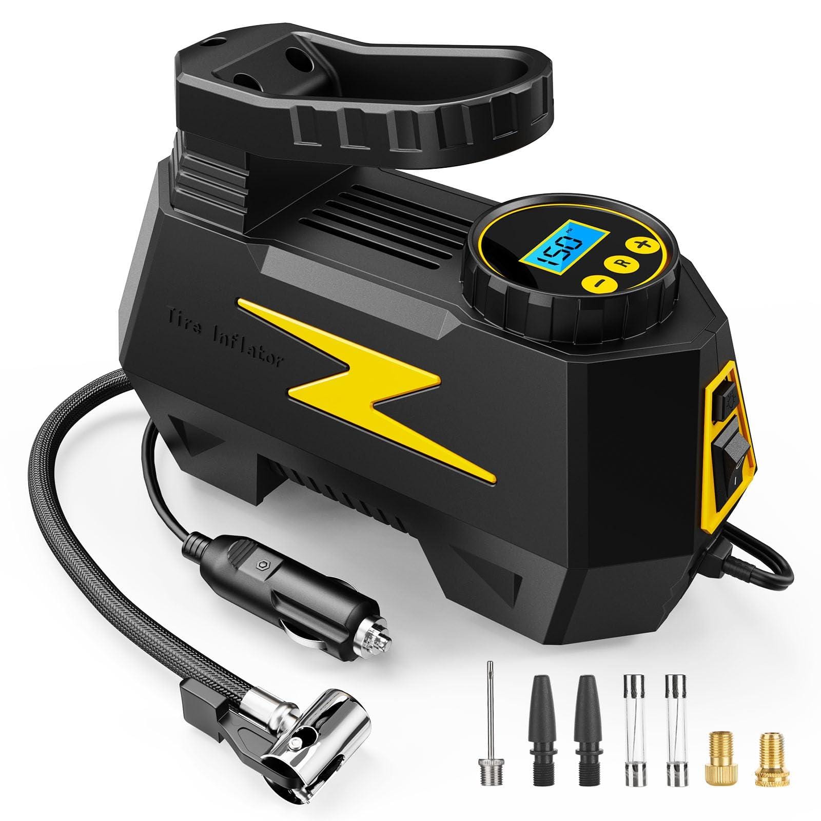 Fabibe - Tire Inflator Portable Air Compressor Dc 12v Pump With Led And 150psi Digital Gauge For Car Tires Bike Ball (blue) - Yellow