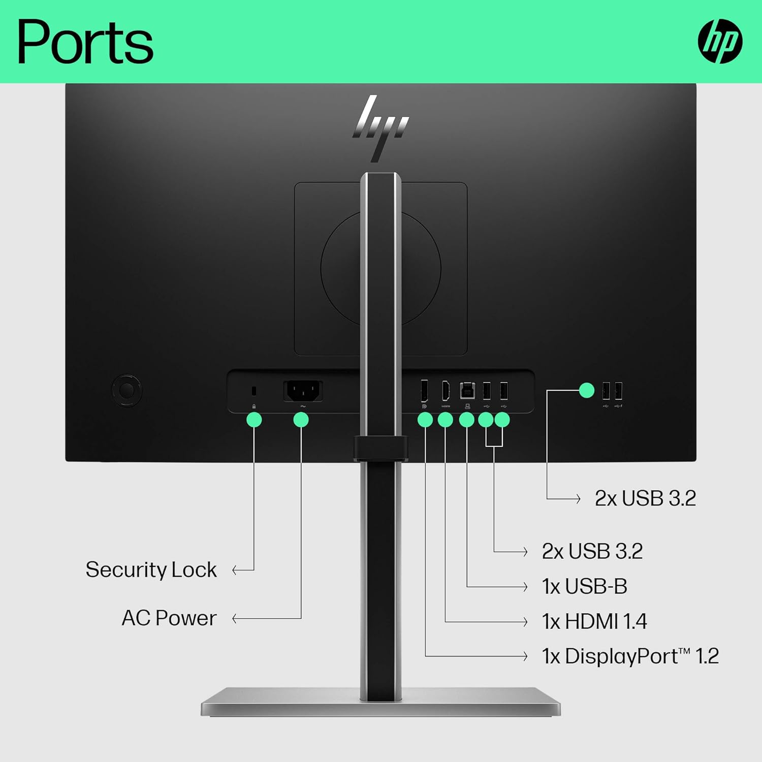 Ports  
- 2x USB 3.2  
- 1x USB-B  
- 1x HDMI 1.4  
- 1x DisplayPort™ 1.2  
- Security Lock  
- AC Power