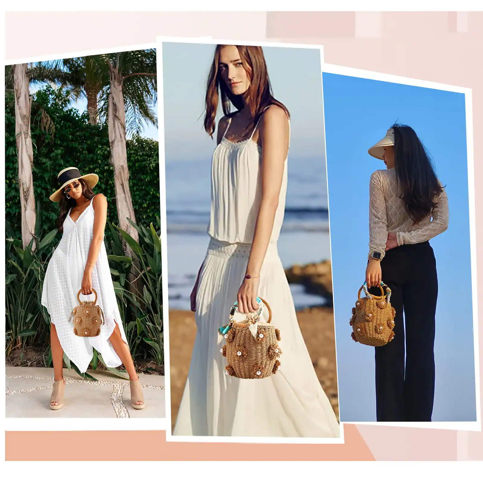 Left. Fabibe - Flower Pearls Rattan Tote Bag Summer Beach Drawstring Straw Bucket Woven Handbag - J Beige.