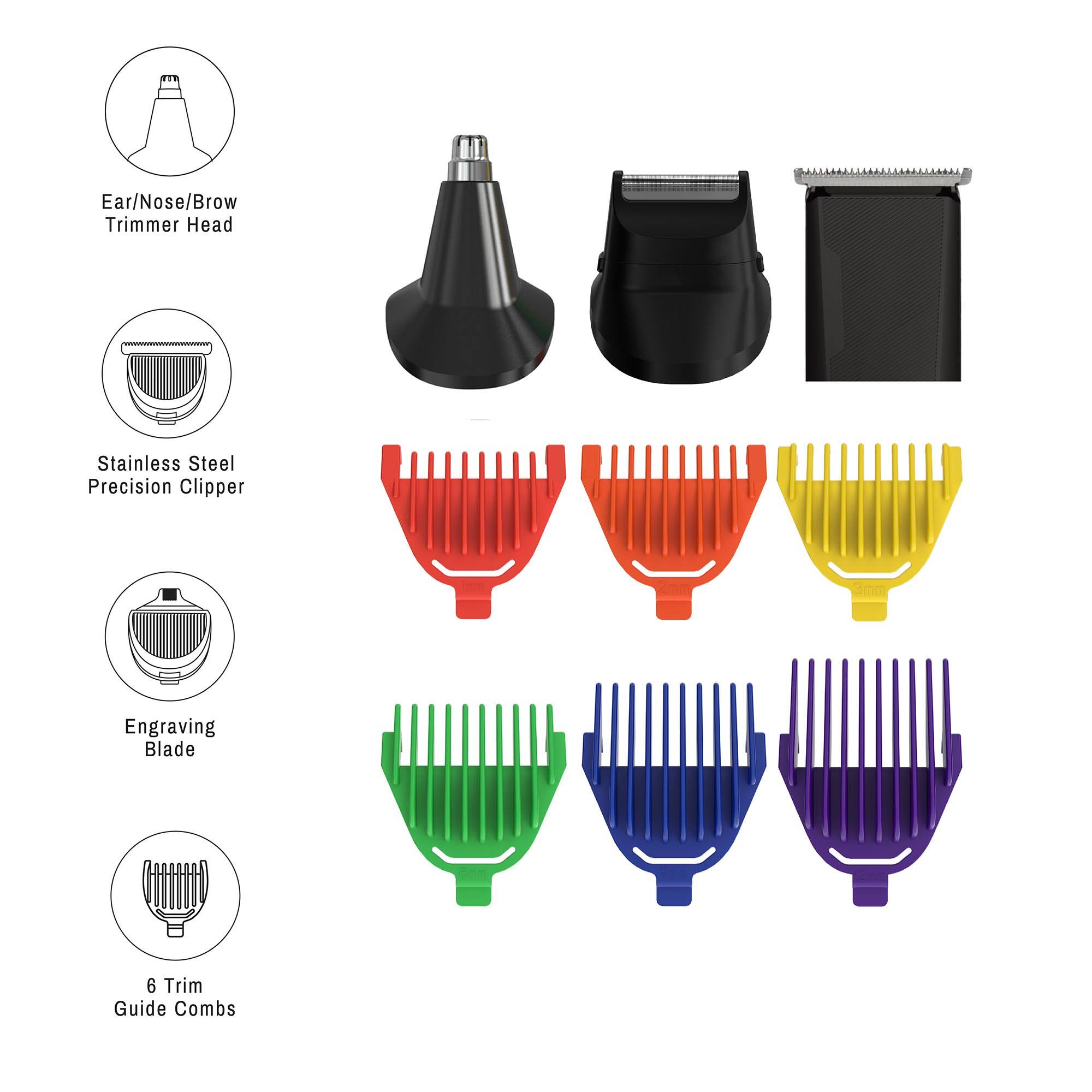 Ear/Nose/Brow Trimmer Head, Stainless Steel Precision Clipper, Engraving Blade, 6 Trim Guide Combs