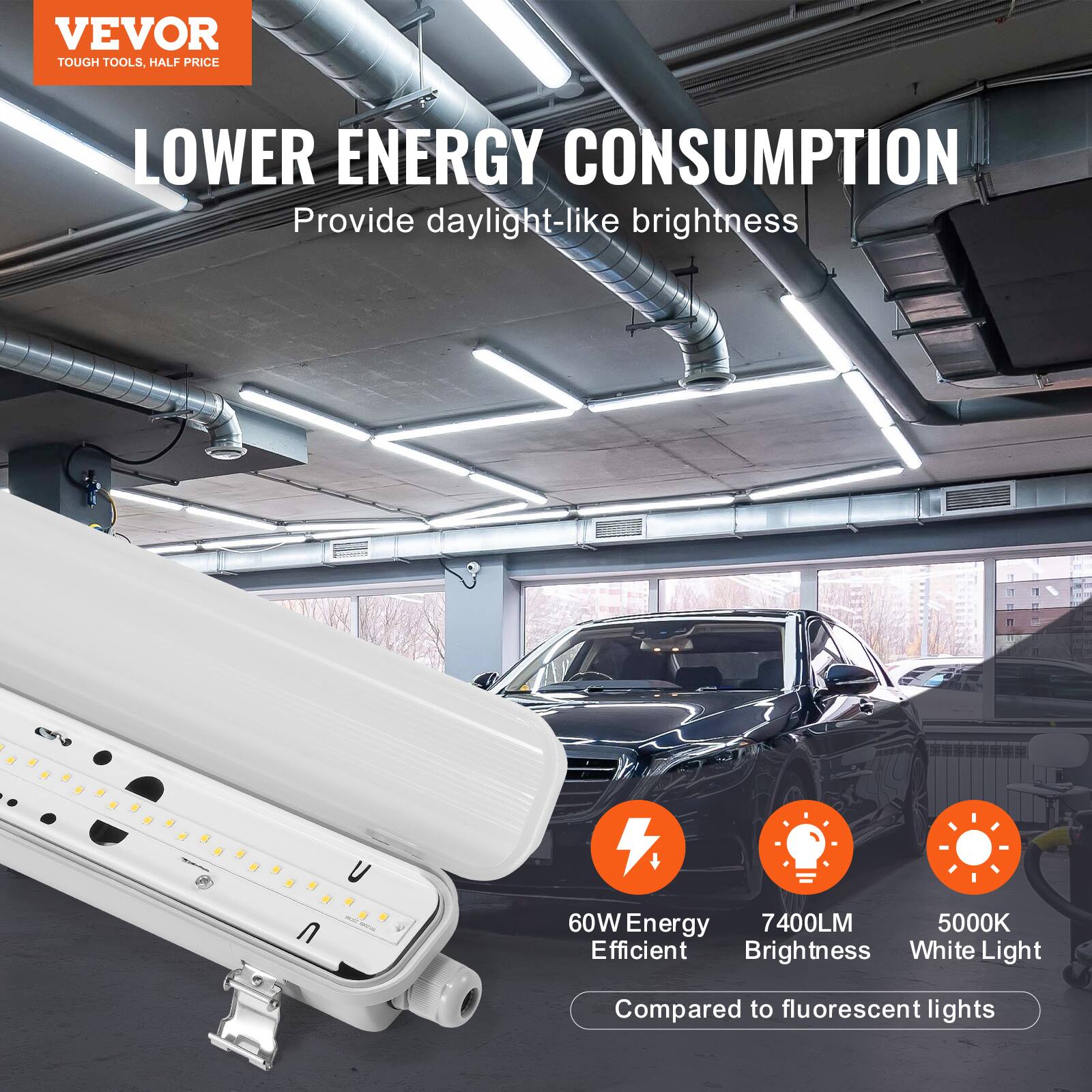 VEVOR  
TOUGH TOOLS, HALF PRICE  

LOWER ENERGY CONSUMPTION  
Provide daylight-like brightness  

60W Energy Efficient  
7400LM Brightness  
5000K White Light  

Compared to fluorescent lights