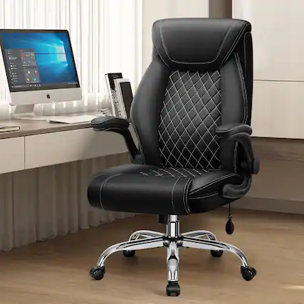 Front. KERDOM - Big & Tall Executive Office Chair with Inflatable Adjustable Lumbar Support, Flip Up Arms, Ergonomic Computer Chair - Black.