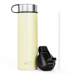 Costway - 22 oz Double Wall Insulated Water Bottle Stainless Steel w/ 2 Lids & Straw - Beige