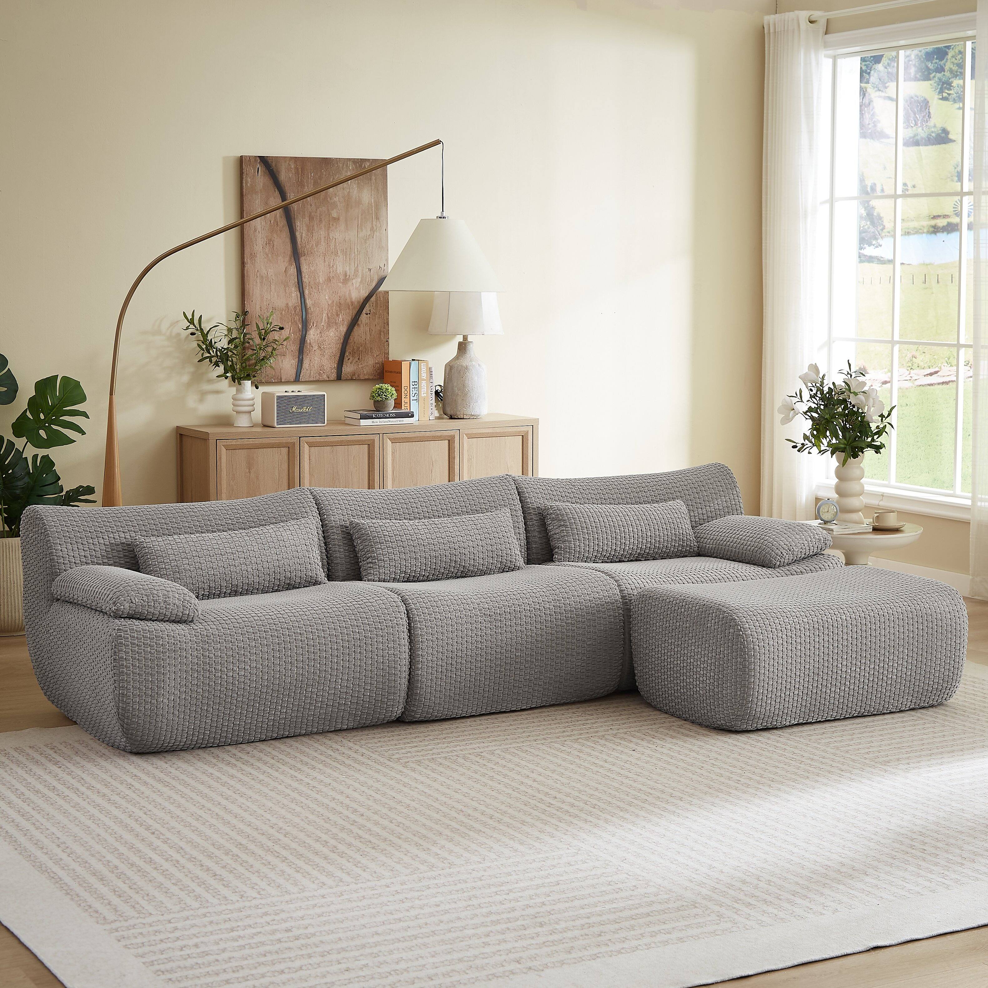 Back. Anysun - 4 Seat L Shaped Modular Sectional Sofa with Cloud Comfort, Corduroy Fabric & No Assembly for Living Room - Gray.